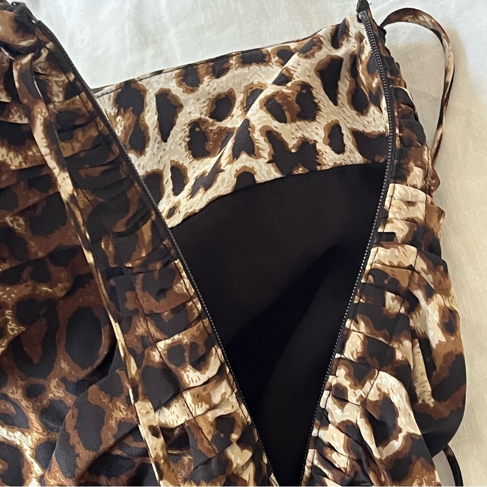 Veronica Beard Ari Skirt, Ruched Silk Animal Print Black Brown High-Low Skirt - Picture 4 of 7